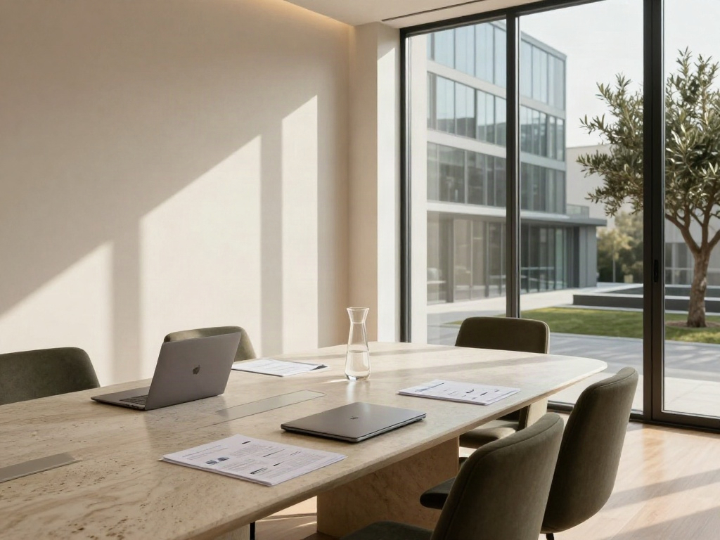 Sunlit contemporary boardroom with business reports ready for a strategy session